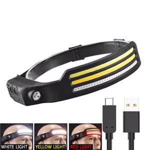 Lanterna de cap LED, zggzerg, Cu 3 Benzi Led COB si XPE, Profesionala, Acumulator 1200mah, Rezistenta la Apa, Senzor Miscare, lumina rosie, alb, galben, 10 moduri lumina, negru