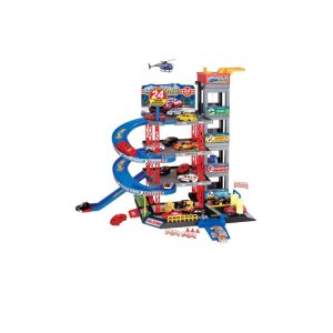 Set Joaca pentru Copii Parcare cu 4 Nivele, cu 4 Masinute Incluse si Elicopter, Heliport, Rampa de Coborare, Spalatorie, Acces cu Bariera si Benzinarie