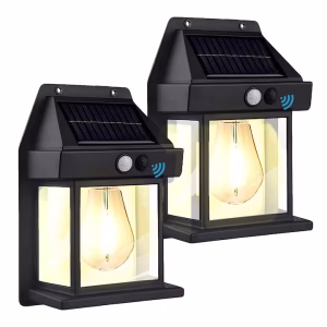 Set 2 Lampa Solara De Exterior, Cu Senzor De Miscare Si Lumina, 3 Moduri Functionare, Rezistente La Apa, Alimentat Cu Energie Solara Pentru Curte Sau Gradina, Lumina calda