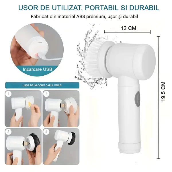 Perie Electrică Pentru Curățat 5 în 1 - Koken, Perie Magică Multifuncțională 12 x 19,5 cm, Reincarcabila Prin USB, Alb - imagine 4