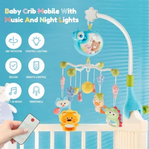 Carusel Muzical Patut Bebelusi, Cu Control Prin Telecomanda, Proiectie Imagini, Muzica Si Lumini, Jucarii Detasabile, Usor De Instalat, Pentru Un Somn Linistit, Plastic, 40 x 48cm, Albastru